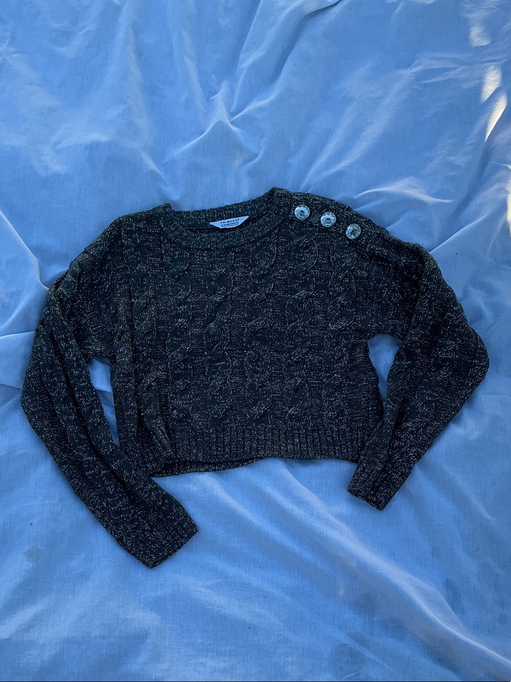 Primark Dark Charcoal Cropped Cable Knit Sweater with Shoulder Buttons